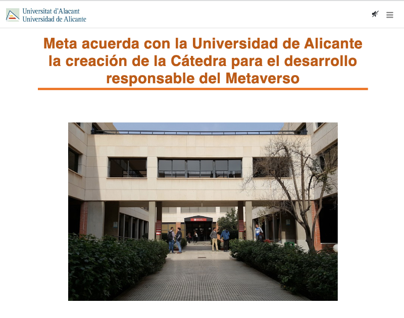 Meta acuerda con la Universidad de Alicante la creación de la Cátedra para el desarrollo responsable del Metaverso