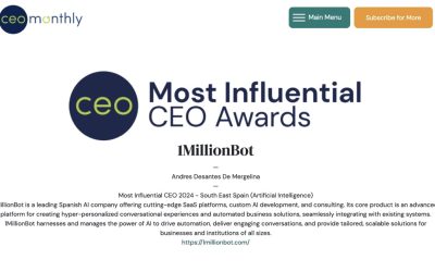 Andrés Desantes de Mergelina, CEO of 1MillionBot, Named «Most influencer CEO south east Spain in artificial intelligence 2024» by CEO Monthly