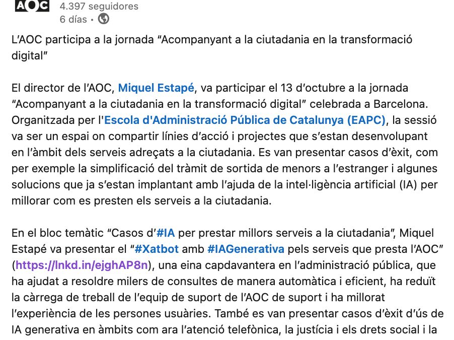 El asistente de IA generativa de 1MillionBot para AOC, presentado como caso de éxito en una jornada de transformación digital de la EAPC